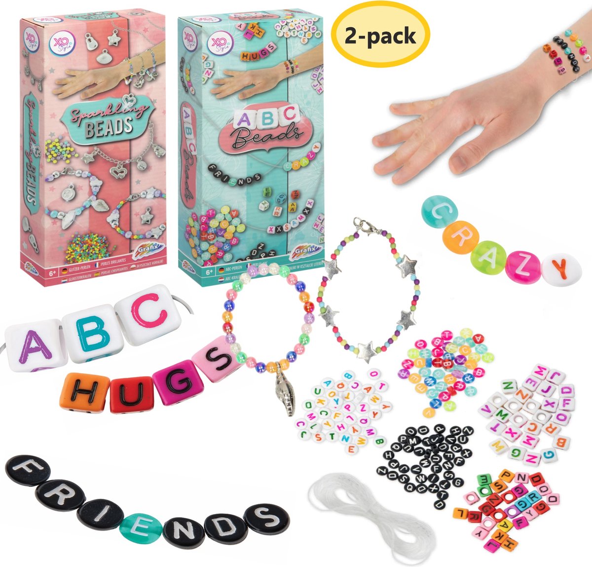 Grafix® 2-pack Armbandjes maken voor meisjes | DIY sieraden maken | Glinsterkralen & Letter kralen | Vriendschapsarmbandjes